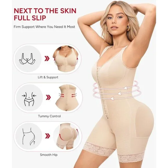 Women's Bodysuit Zipper Crotch Shapewear Control Beige Body Shaper Lifter - Picture 2 of 7